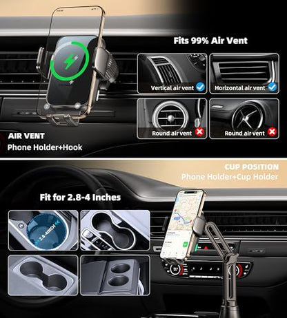 Dual Coil 15W Cup Phone Holder Mount, Wireless Car Charger Auto-Clamping Fast Charging Vent Phone Holders for Your Car for iPhone Duo/18/17/16/15/14/13/12/11 Series, Samsung Flip S25 S24 S23 S22 Ultra