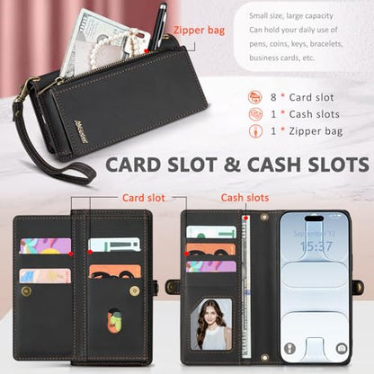 for iPhone 17 Air Wallet Case, Detachable Magnetic Phone Case,Faux Leather Strap Wallet,with RFID Blocking，Zipper Card Holder，Shoulder Straps (Black) - color: Black, size: iPhone 17 Air