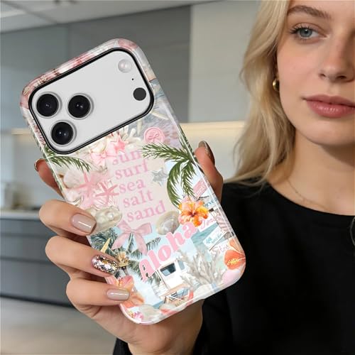 Case for iPhone 17 Pro, Cute Phone Case, Aloha Summer Collage | Hybrid 2-Layer Phone Cover，Military-Grade Protection Durable Shockproof Anti-Scratch Cases - color: Pink Aloha Summer Collage, size: Iphone 17 Pro
