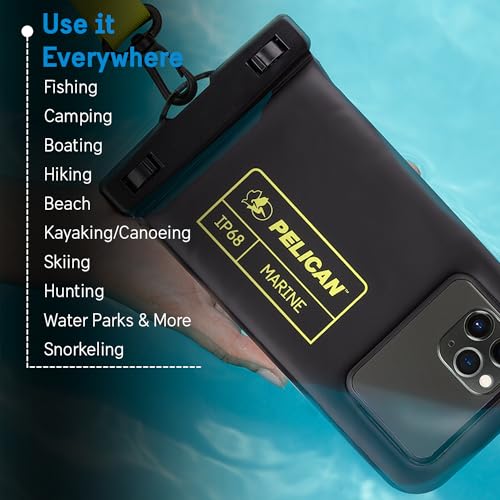 Pelican Marine Waterproof Phone Pouch (Regular) -Black/Hi-Vis Yellow | Touchscreen IP68 Floating Waterproof Phone Case w/Detachable Lanyard - Fits All Phones - Beach Cruise Ship Travel Essentials - color: Black/Neon - 1 Pack - Regular, size: Regular, styl