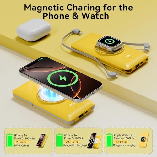 Magnetic 10000mAh Portable Charger for iWatch & iPhone, USB C Fast Charging Wireless Power Bank Built-in Cables and Wall Plug, External Travel Battery Pack Compatible with iOS Android Devices - color: Yellow