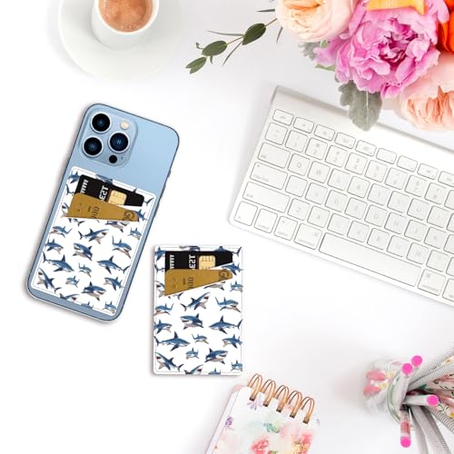 CREATCABIN Shark Phone Card Holder Leather Cell Phone Wallet Stick on Adhesive Credit Card Holder Slim Double Pocket Sticker for Back of Phone Case Compatible with Most Phones 3.7 x 2.5 Inch - style: Shark