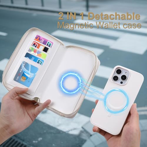 Harryshell Compatible with iPhone 16 Pro Max Case Wallet Multi Zipper Detachable Removable Cover Purse with RFID Blocking Card Slots Holder Mirror Crossbody Strap (Compatible with Magsafe - White) - color: Compatible with Magsafe - White, size: iPhone 16