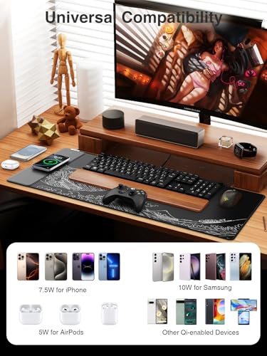 Wireless Charging Mouse Pad, 31.5"x15.8" Large Desk Mat, Smooth Glide - color: Black-31.5"x15.8"-Sea