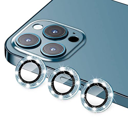 Compatible with iPhone 12 Pro Max Camera Lens Protector, Bling Glitter 9H Tempered Glass Camera Cover Anti Scratch Shockproof Screen Protector Individual Ring - 3Pcs Glitter Pacific Blue - color: Pacific Blue Glitter