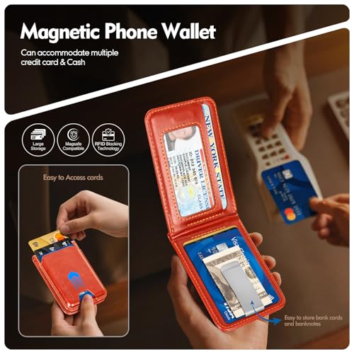 Shieldtop RFID Blocking MagSafe Wallet Stand with Card Holder,5 Card Slots & ID Window,PU Leather Magnetic Adjustable Kickstand for iPhone 12/13/14/15/16/17 Pro Max & Air Plus Series,Orange - color: Orange