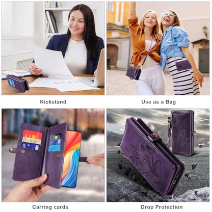 for Google Pixel 9 Pro XL/10 Pro XL Case Wallet,RFID Blocking Card Holder Zipper Leather Flip Cover Crossbody Wrist Strap with Stand (Floral Dark Purple) - color: Floral Dark Purple