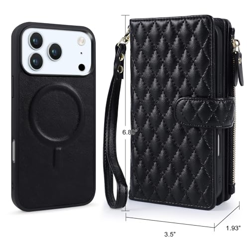 for iPhone 17 Pro Max Case Wallet,Compatible with MagSafe 2 in 1 Magnetic Detachable PU Leather RFID Blocking Wallet Cover Card Holder Zipper Wrist Strap Lanyard,Quilted Black - color: Quilted Black, size: iPhone 17 Pro Max
