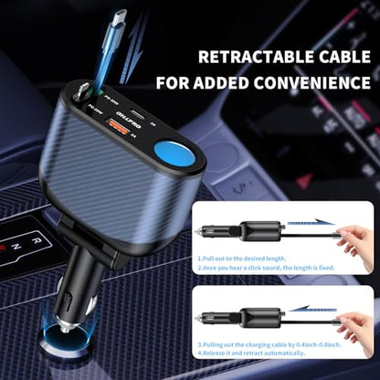 OHLPRO Retractable Car Charger Cigarette Lighter Adapter, 168W 5 in 1 Fast Phone Charging Built-in Replaceable Fuse, Socket Splitter with USB C and USB i Cord, Fit for Phone iPad Galaxy GPS, Blue - size: USB-C+USB-I
