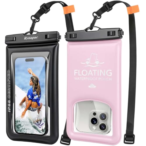 Waterproof Phone Pouch Floating 2 Pack, IP68 Waterproof Phone Case with Lanyard for iPhone 17 16 15 Pro Max, Galaxy S26 Ultra, Touch Screen, Cell Phone Dry Bag for Beach Cruise Essentials, Up to 8.5" - color: Black + Pink