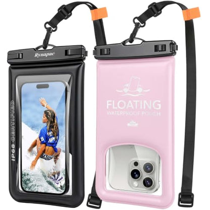 Waterproof Phone Pouch Floating 2 Pack, IP68 Waterproof Phone Case with Lanyard for iPhone 17 16 15 Pro Max, Galaxy S26 Ultra, Touch Screen, Cell Phone Dry Bag for Beach Cruise Essentials, Up to 8.5" - color: Black + Pink