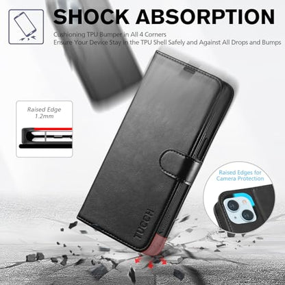 TUCCH Wallet Case for iPhone 15 (6.1") 2023, 4 Card Holders, Black | RFID Blocking, Viewing Stand, Shockproof TPU Shell, PU Leather, Magnetic Closure, Protective Folio Flip Cover - color: Black