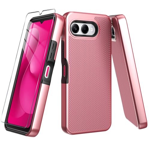 for T-Mobile REVVL 8 Phone Case with Tempered Glass Screen Protector,Dual Layer Heavy Duty Shockproof Protection Cover (Rose Gold) - color: Rose Gold