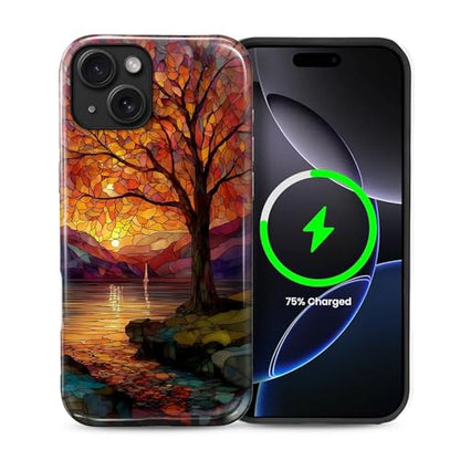 Magnetic Phone Case for iPhone 13/14,Compatible with MagSafe,Durable 2 Layers Full Covered Shockproof Protective Cover-Stained Glass Sunrise Fall Leaves - color: Stained Glass Sunrise Fall Leaves, size: iPhone 13/14