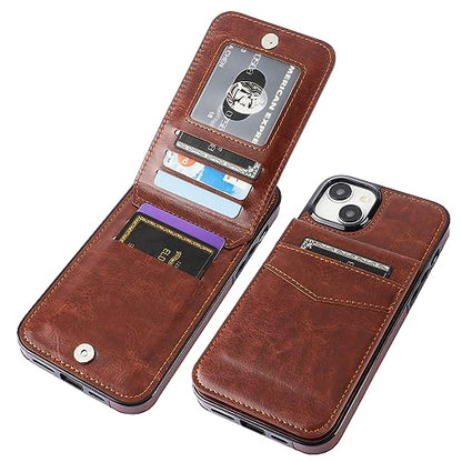 KIHUWEY for iPhone 15 Plus Wallet Case Card Holder Kickstand, Brown | Credit Card Slots, PU Leather, Magnetic Clasp, Flip Heavy Duty Protection Cover for Men and Women - color: Brown