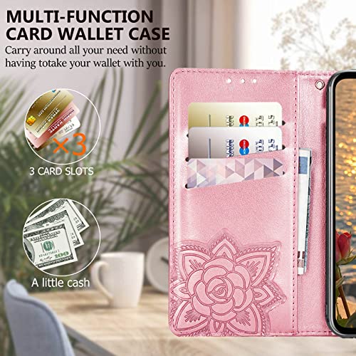 for Moto G Power 2022 Case Wallet,Women Flip Cover,Rose Gold | Butterfly Embossed PU Leather Kickstand Credit Card Holder Slots Magnetic Wrist Strap Purse - color: Rose Gold