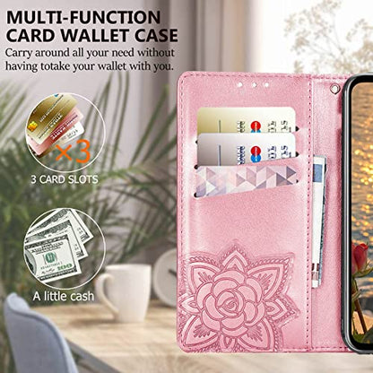 for Moto G Power 2022 Case Wallet,Women Flip Cover,Rose Gold | Butterfly Embossed PU Leather Kickstand Credit Card Holder Slots Magnetic Wrist Strap Purse - color: Rose Gold