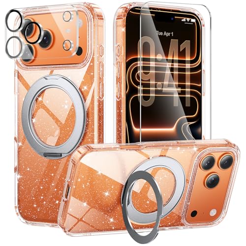 360°Ring Stand for iPhone 17 Pro Max Case with 1X Screen Protector +1X Camera Cover,Fit for MagSafe, Anti-Yellowing & Scratch-Resistant Back Phone Case for iPhone 17 Pro Max 6.9", Clear Glitter Stand - color: Clear Glitter Stand, size: Iphone 17 Pro Max