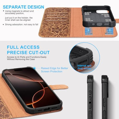 Genuine Leather Wallet Case for iPhone 15 Pro Max 6.7'', Brown | Magnetic Detachable, 2-in-1 Flip Folio, RFID Blocking, Wireless Charging - color: Brown, size: 15 Pro Max 6.7‘’