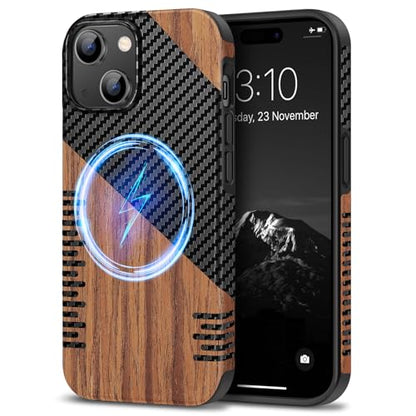 TENDLIN Magnetic Case Compatible with iPhone 15 Case Wood Grain with Carbon Fiber Texture Design Leather Hybrid Slim Cover (Compatible with MagSafe) Twill - color: Magnetic Twill, size: iPhone 15
