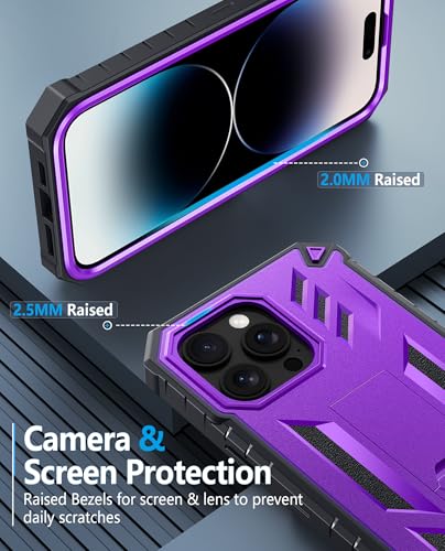 FNTCASE for iPhone 14 Pro Max Case, Built-in Screen Protector, Kickstand | 20FT Military-Grade Drop Protection, Anti-Slip Matte Textured, Rugged Heavy Duty Shockproof TPU Protective Cover - color: Kickstand Purple