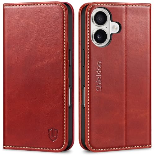 SHIELDON Genuine Leather Case Wallet for iPhone 16 6.1" 2024, Retro Red | Folio Magnetic Closure, RFID Blocking, Credit Card Holder, Viewing Stand, Shock Absorbing Protective Cover for Men Women - color: Retro Red