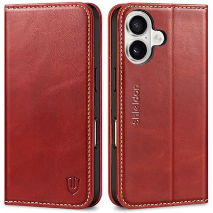 SHIELDON Genuine Leather Case Wallet for iPhone 16 6.1" 2024, Retro Red | Folio Magnetic Closure, RFID Blocking, Credit Card Holder, Viewing Stand, Shock Absorbing Protective Cover for Men Women - color: Retro Red