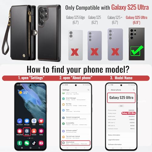 Defencase for Galaxy S25 Ultra Case Wallet Compatible with Magsafe, Black | Magnetic Detachable, RFID Bolcking Card Holder, Zipper Strap, PU Leather Drop-Proof Phone Cover for Samsung Galaxy S25 Ultra - color: (Detachable with Magsafe)-Black