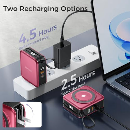 10000mAh Portable Charger Power Bank Built in Cables&Wall Plug - color: Red