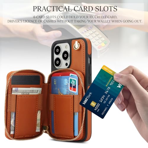 Phone Case for iPhone 14 Pro 6.1 inch Wallet Cell Cover with Tempered Glass Screen Protector Wrist Crossbody Strap RFID Blocking Card Holder iPhone14Pro 5G i i-Phone i14 iPhone14 4 14Pro Women Brown - color: Brown