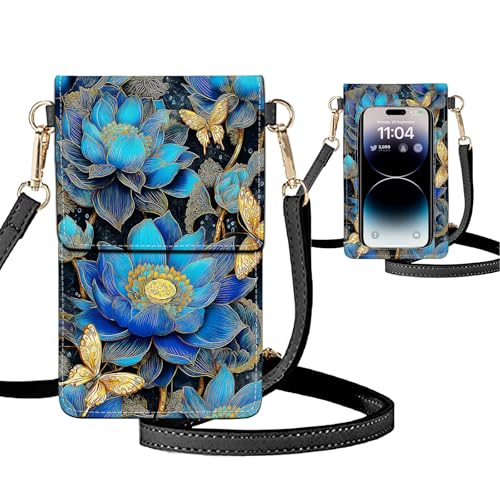 Small Crossbody Bags for Women Touchscreen Cell Phone Bag Cross Body Purses with adjustable Strap,Gifts For Teenage Girls - color: Blue Lotus Flower