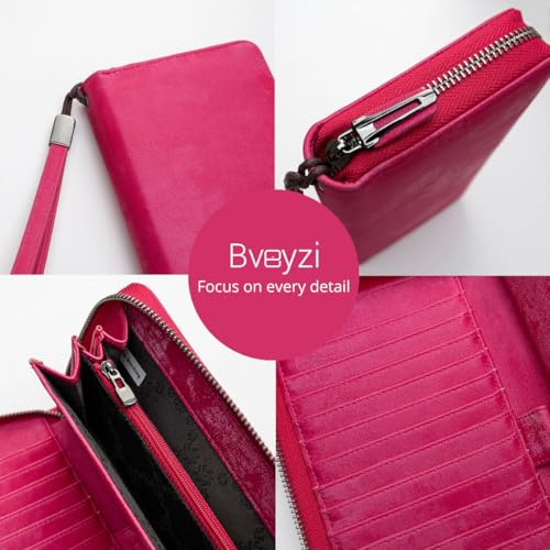 Bveyzi Women RFID Blocking Wallet Leather Zip Around Phone Clutch Large Capacity Ladies Travel Purse Wristlet - color: Hot Pink