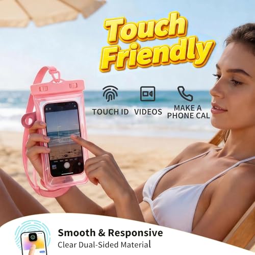 Larger Waterproof Phone Pouch iPhone &Shower Phone Holder Waterproof with 2 Suction Cups,Water Phone Protector Pouch with Adjustable Lanyard for iPhone 17 16 15 ProMax (Pink, 1 PCS) - color: Pink