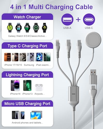 100W Multi Charging Cable for Samsung Galaxy Watch - 2026 Upgraded 4 in 2 Fast Charging Cord for iPhone17/16/15/14/13/12, Galaxy Watch 7/6 Classic/6/5 Pro/5, Galaxy S24, Android,iPad, MacBook, 10FT