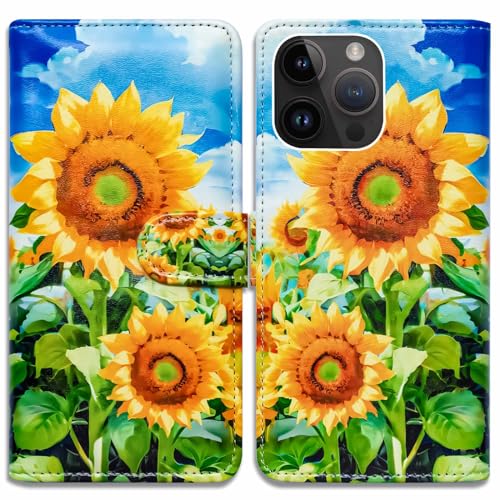 RFID Safe Case for iPhone 15 Pro Max,RFID Blocking,Sunflower Blue Sky Leather Flip Phone Case Wallet Cover with Card Slot Holder Kickstand for iPhone 15 Pro Max - color: Sunflower Blue Sky