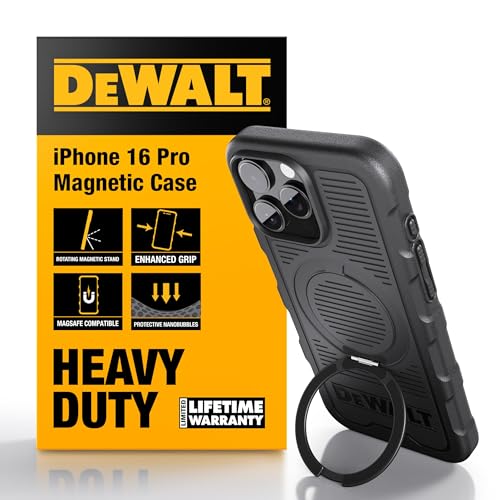 DEWALT 360° Rotatable Magnetic Ring for iPhone 16 Pro Case, Heavy Duty Drop Protection Fit for MagSafe w/Stand & Ring Holder, Shockproof Nanobubbles for iPhone 16 Pro Phone Case Ostand, Black - size: iPhone 16 Pro