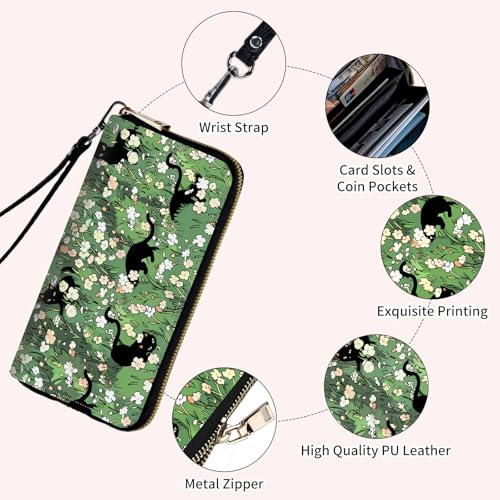 Ladies Wallet,Clutch Purses for Women Wallets Leather Credit Card Holder for Women Wristlet Slim Small Cute with Zipper,Thin RFID Blocking with Wrist Strap,Cat Flower Green - color: Cat Flower Green