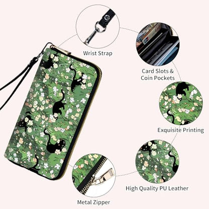 Ladies Wallet,Clutch Purses for Women Wallets Leather Credit Card Holder for Women Wristlet Slim Small Cute with Zipper,Thin RFID Blocking with Wrist Strap,Cat Flower Green - color: Cat Flower Green