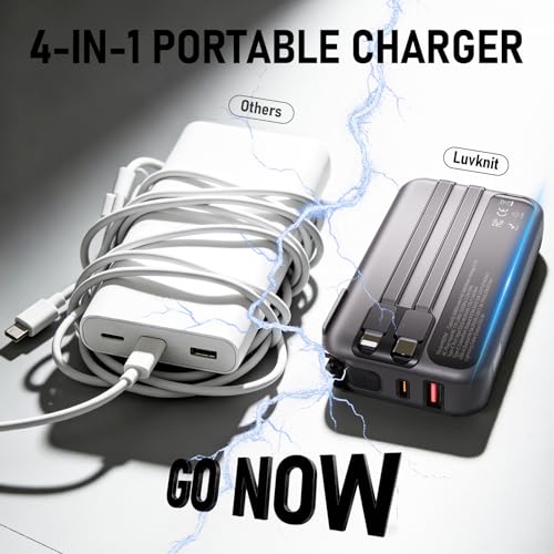 Portable Charger with Built-in Wall Plug and Cables, 22.5W Fast Charging Power Bank, USB-C and Lightning Cables, 4-Device Travel Battery Pack for iPhone, Samsung and iPad - color: Black