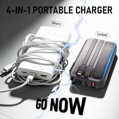 Portable Charger with Built-in Wall Plug and Cables, 22.5W Fast Charging Power Bank, USB-C and Lightning Cables, 4-Device Travel Battery Pack for iPhone, Samsung and iPad - color: Black