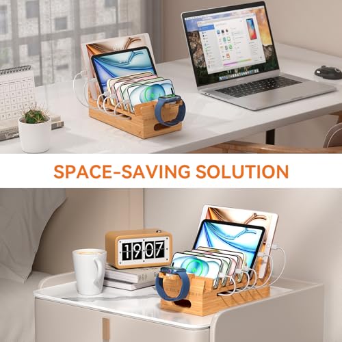 Bamboo Charging Station with 5 Port Charger HUB & 5 Cables-Natural Bamboo - color: Natural Bamboo