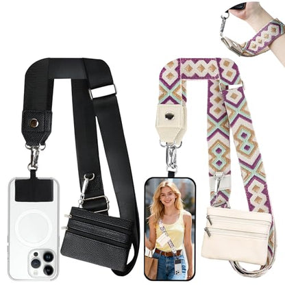 2pcs Clip and Go Strap for Phone with Wallet Crossbody Strap with Pouch | Multifuctional Cell Phone Lanyard Crossbody for Teacher, Adjustable Phone Strap Ranging from 40" to 60" - color: Diamond +Black