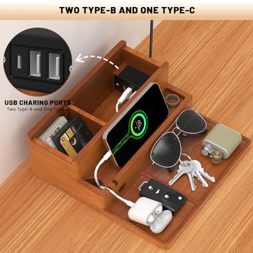 Valet Tray, Nightstand Organizer with Charging Station - color: Stylish Brown