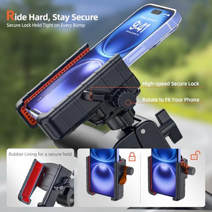 3rd Gen Shockproof Bike Phone Holder, Anti Vibration Motorcycle Phone Mount with Secure Lock, Universal Handlebar Mount for E-Bike, Electric Scooter, Bicycle, ATV, Fits 4.7-7 Inch Phones