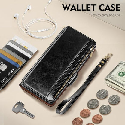 Antsturdy for iPhone 14 Plus Phone Wallet Case Women,Black | RFID Blocking,with Credit Card Holder Slots,PU Leather Purse,Zipper Pocket,Wrist Strap Kickstand,Flip Folio Cover for Men - color: A-Black