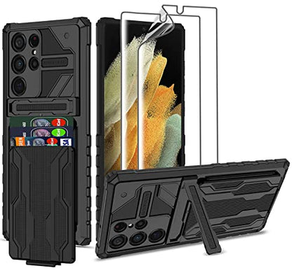 for Samsung Galaxy S22 Ultra Wallet Case with Card Holder, Black | Detachable Card Holder, Built-in Kickstand, with Screen Protectors - Soft 2 Pack, Military Grade, Full Body Shockproof - size: for Galaxy S22 Ultra - 6.8''