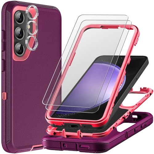 for Samsung Galaxy S23 FE Case with 2Pcs Tempered Glass Screen Protector and 1Pcs Camera Lens Protector, 3 in 1 Heavy Duty Shockproof/Drop Proof/Dust Proof Case (Wine Red/Rose Pink) - color: Wine Red/Rose Pink