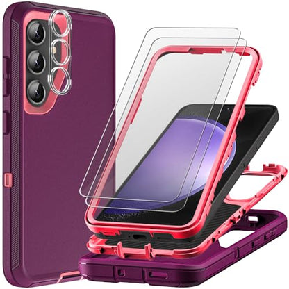 for Samsung Galaxy S23 FE Case with 2Pcs Tempered Glass Screen Protector and 1Pcs Camera Lens Protector, 3 in 1 Heavy Duty Shockproof/Drop Proof/Dust Proof Case (Wine Red/Rose Pink) - color: Wine Red/Rose Pink