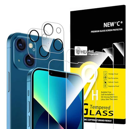 NEW'C 4 Pack, 2 Pack for iPhone 13 Screen Protector (6.1 inch) + 2 Pack Camera Lens Protector, Sensor Protection,Case Friendly Tempered Glass Film - size: 13 6.1 inches