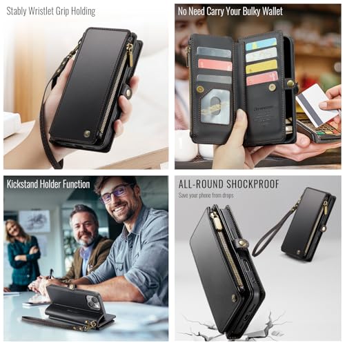 Defencase for iPhone 14 Plus Wallet Case with RFID Card Holder, Black | Durable Soft PU Leather, with Zipper Pocket, Wrist Strap, Fashion Snap Flip Phone Cases Cover with Stand for Women and Men - color: Black